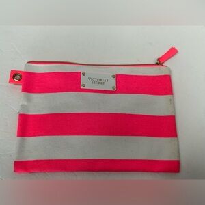 Victoria's Secret Neon Pink and White Striped Cosmetic Bag